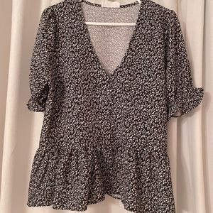 Black printed button front top with vneck